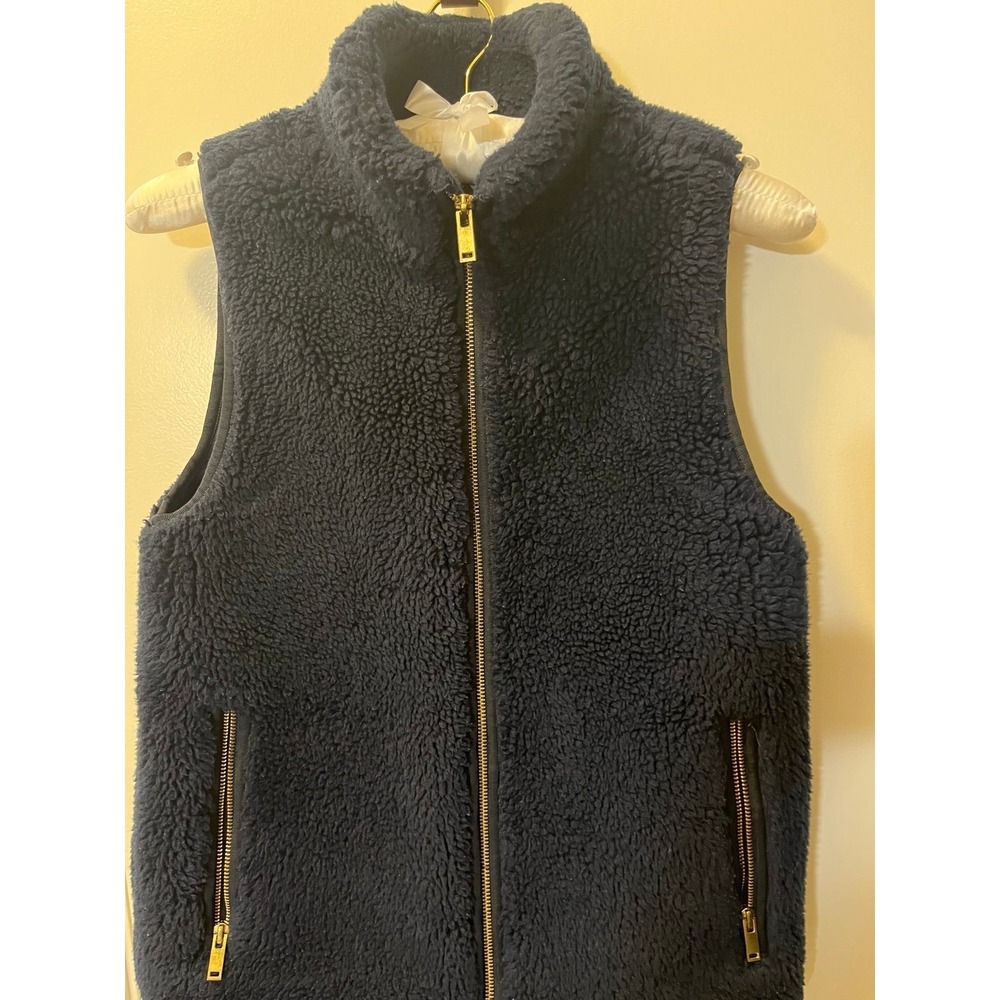 J Crew navy‎ blue fleece vest size s gold zippers satin interior warm and cozy